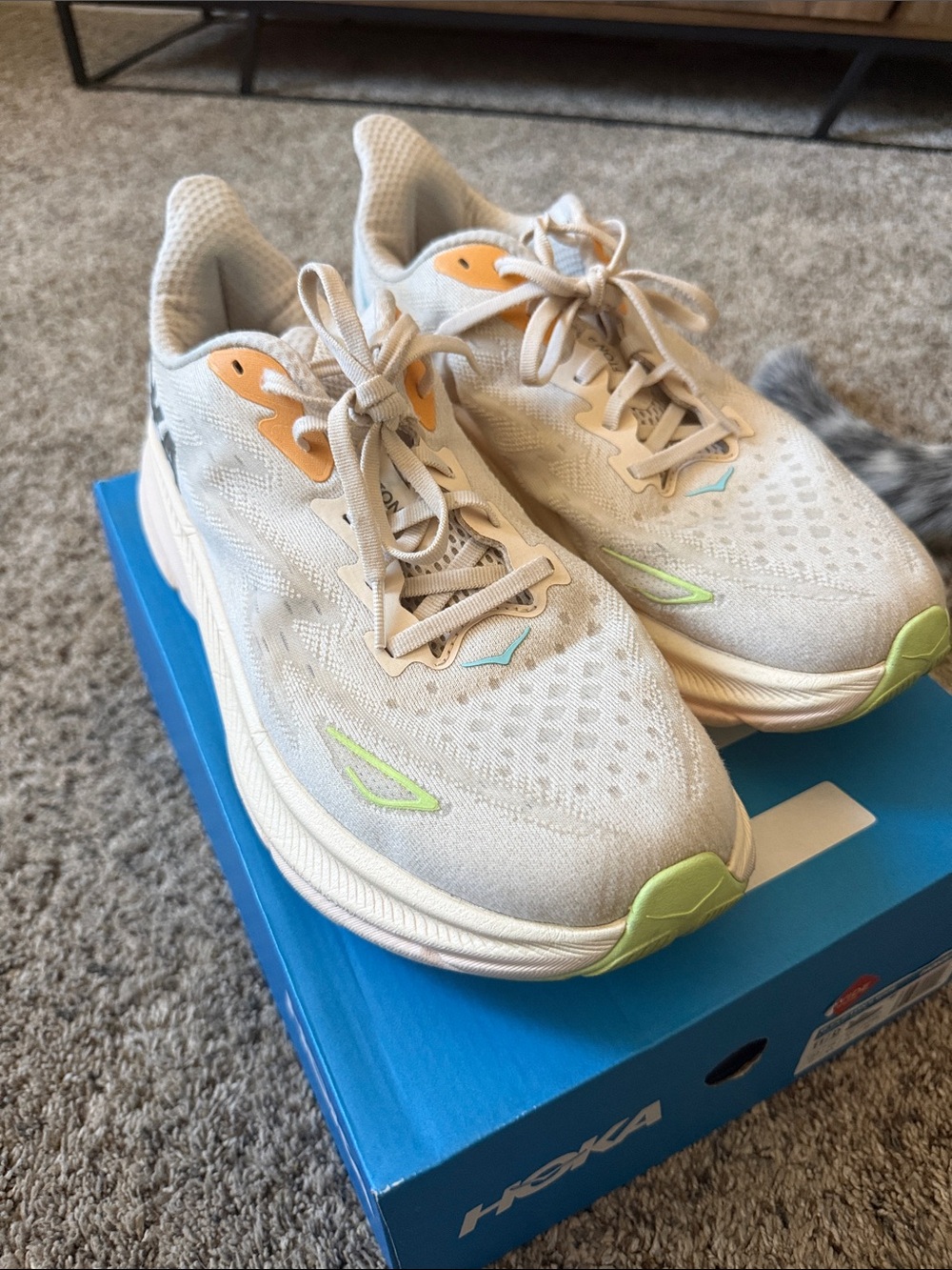 Hoka Women's Neutral Beige Running Shoes with Lime & Orange Accents